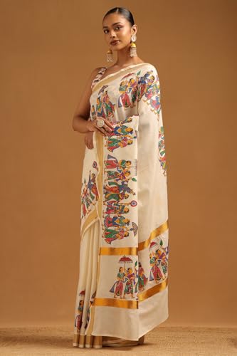 Soch Womens Cream Cotton Madhubani Printed Kasavu Saree
