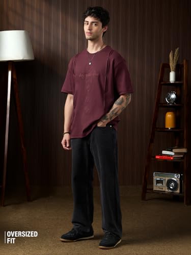 The Souled Store Desi Drop: Antah Asti Prarambha Men and Boys Short Sleeve Round Neck Burgundy Embroidered Casual Lightweight Drop Shoulder Streetwear Trendy Cotton Oversized T-Shirt