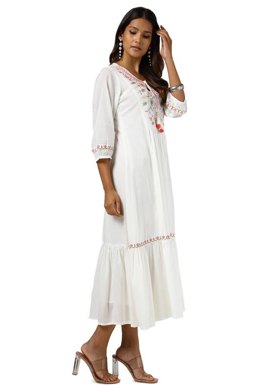 Soch Womens Off White Cotton Embroidered Dress with Thread Work