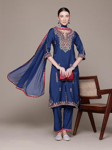 Aarke Ritu Kumar Blue Pearl Petal Solid 3/4Th Sleeve Kurta With Pant And Dupatta