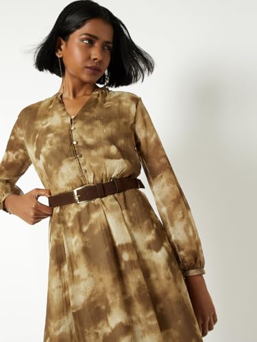 Max Women Printed A-line Dress with Belt (Beige_XXL)