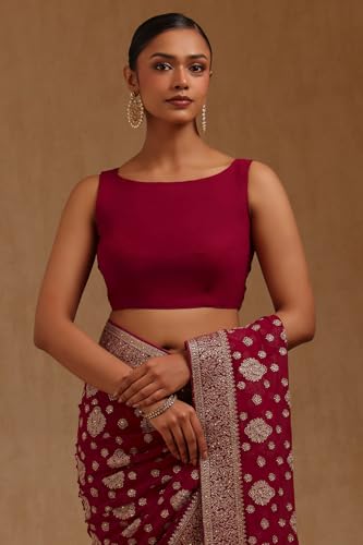 Soch Womens Fuchsia Georgette Embroidered Saree With Stone Work