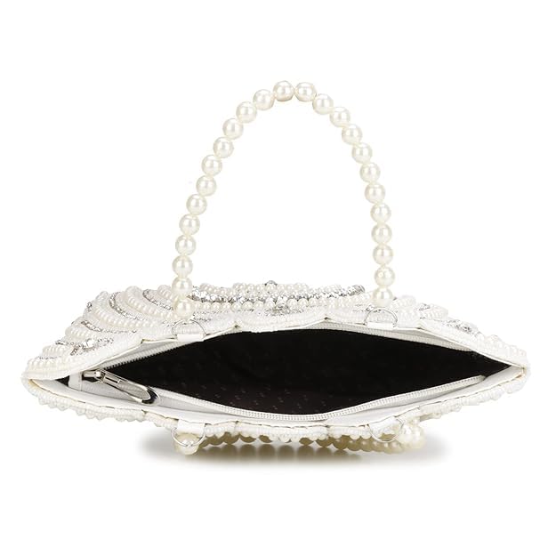 LONGING TO BUY Women's Tote Pearl Clutch Cutest Vintage Style Pearl Tote Wrist Bag Evening Clutch Purse (White Chakri, Zite 10" X 6" Inch)