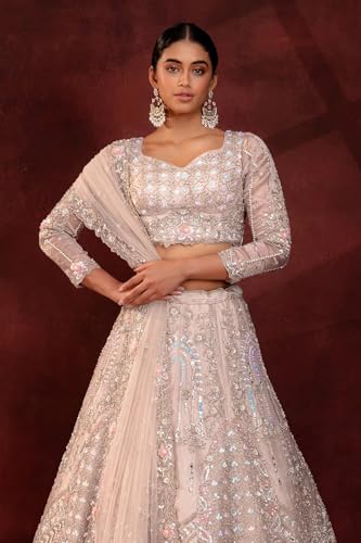 Women's Light Pink Stone Embroidered Tissue Bridal Lehenga