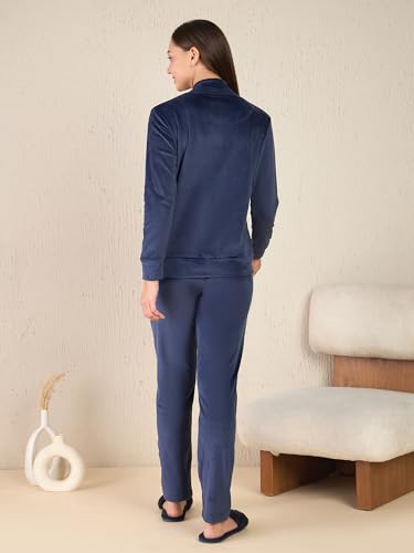 Sweet Dreams Women's Solid Velour Spandex Front Open Pyjama Set