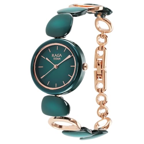 Titan Raga Ceramics Quartz Analog Green Dial Two Toned Rose Gold and Green Metal Strap Watch for Women - NS95146KD02