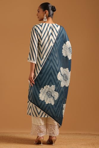 Soch Womens Teal Cotton Blend Printed Chevrons Machine Weave Sequence Work Salwar Suit