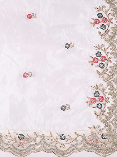 DUPATTA BAZAAR Women's White Embroidered Glass Tissue Dupatta with Cutwork