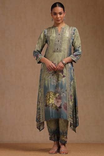 Soch Womens Olive Muslin Floral Print Suit Set With Beads