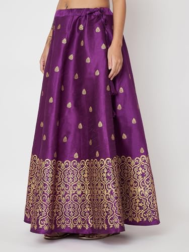 studio rasa Women's Dupion Hand Block Printed Bias Skirt for Wedding Festive Party (SKTC52403M_Purple_Medium)