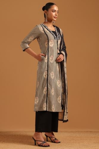Soch Womens Black Cotton Digital Printed Stripes Machine Weave Block Print Salwar Suit