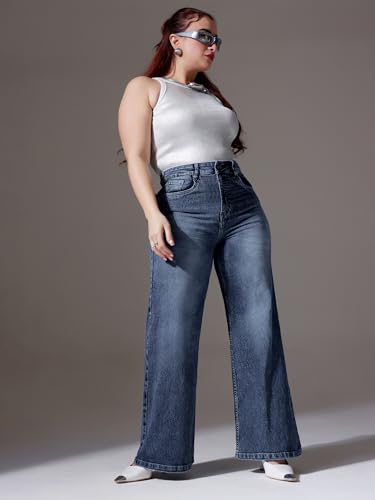 Miss Chase A+ Women's Wide Leg High Rise Regular Length Stretchable Denim Jeans (APSS25DEN78-10-354-28, Prussian Blue, 28)