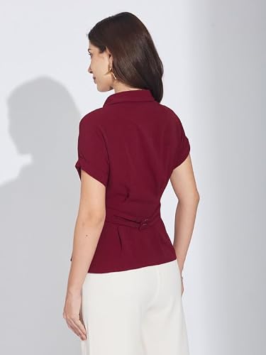Latin Quarters Women Maroon Half Sleeve Collared Casual Solid Shirt_S