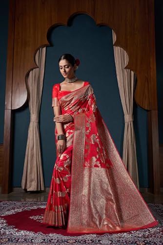 Vardha Women's Banarasi Satin Silk Saree with Blouse Piece, Zari Woven Pink Sari Vishika, 699