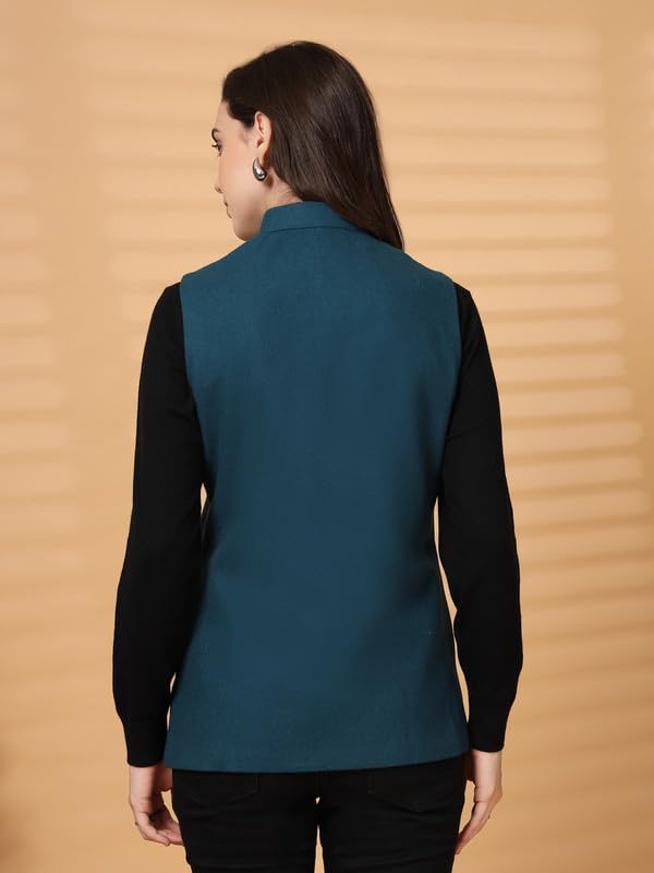 Vastraa Fusion Solid Indian Traditional Ethnic Waistcoat Festive Woolen Nehru Jacket for Women(TS1452D-42 Teal Blue)