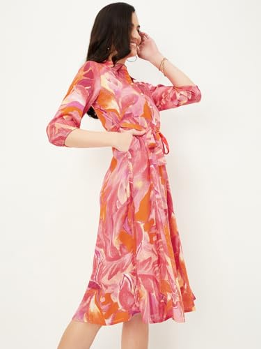 Max Women Floral Printed Midi Dress (MDDRS41005PINK)_M, Casual Dress