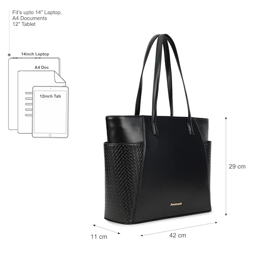 Fastrack Gridlock Tote | Woven Faux-Leather Women's Handbag | Laptop Tote with Textured Side Pockets & Gold Hardware