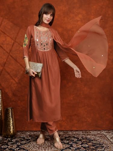 NIVANA Mirror Embroidered Kurta with Pant & Embroidered Dupatta | XL | Rust