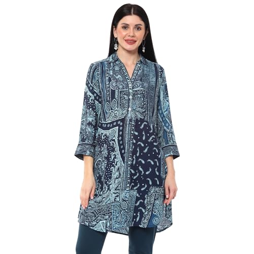 BIBA Women Viscose Straight Fit Printed Kurta Mix and Match(Jamawar20170_Navy_32)