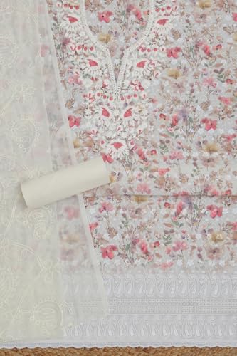 Soch Womens Cream Cotton Floral Print Unstitch Dress Material With Thread Work
