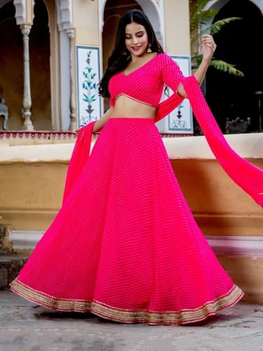 AG Clothing Women's Georgette Semi Stitched Lehenga Choli With Dupatta | Leheriya BAndhani Print And Lace Pattern | Traditional, Wedding,Navratri Ethnic Wear Lehenga (ZC-15049-Pink)