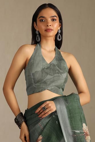 Soch Womens Olive Linen Floral Print Saree With Sequins