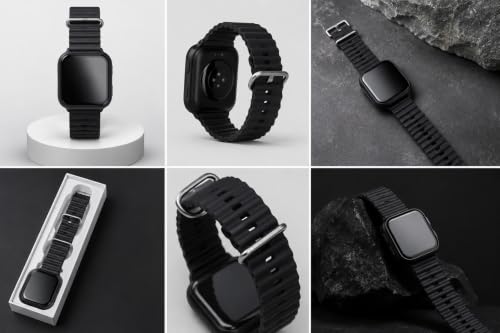 Smart Watch with Black Ocean Silicone Band | App Notifications, Incoming Call Display, Square Dial, Black Strap, Social Media Apps