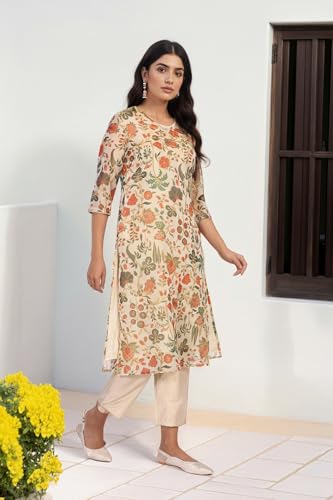 W for Woman Off-White Floral Printed Lace Trim Straight Tissue Kurta with Straight Pant and Dupatta Set (WS13276-126620-XS)