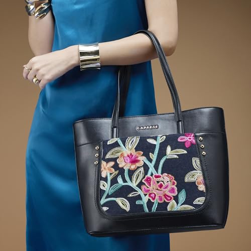 Caprese Elsa Large Tote Bag for Women Comfortable Shoulder Strap | Elegant Floral Embroidery & Solid Faux Leather Handbag | Spacious Multi-Compartment Shoulder Bag for Work & Travel (Black)