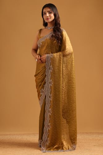 Soch Womens Olive Fendy Organza Stone Work Embellished Saree