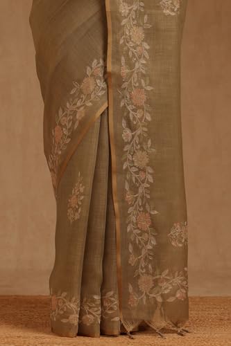 Soch Womens Light Olive Linen Floral Printed Zari Embroidered Saree