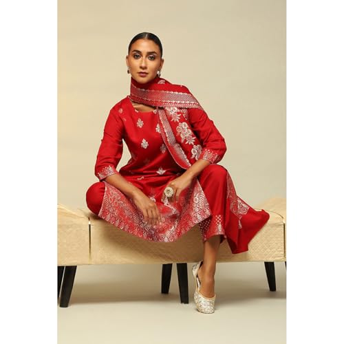 Rangriti Women Red Acrylic Straight Yarn Dyed Kurta Palazzo Suit Set_46