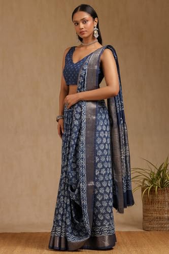 Soch Womens Indigo Viscose Block Print Saree