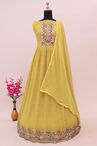 RUDRAPRAYAG Anarkali Georgette and Santoon Maxi Gown for Women | Long Anarkali Gown for Women Semi-Stitched Yellow