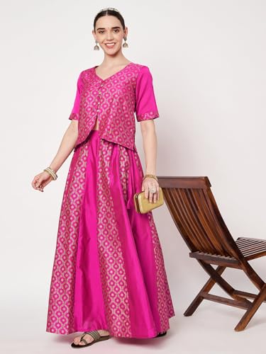 studio rasa Women's Silk Blend Block Printed Kalidaar Skirt for Wedding Festive Party(SKTC62510L_Pink_Large)