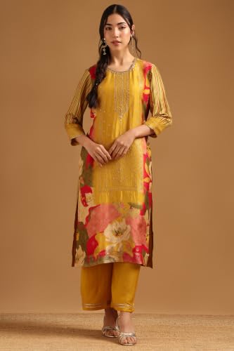 Soch Womens Mustard Dola Silk Botanical Printed Salwar Suit With Beads And Stones