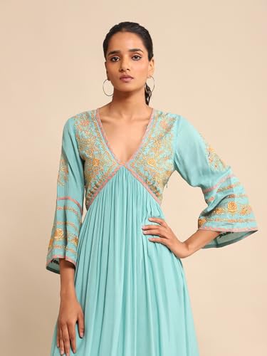 Ritu Kumar Turquoise Embroidered Tussar Silk Dress
