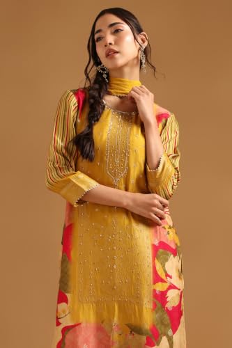 Soch Womens Mustard Dola Silk Botanical Printed Salwar Suit With Beads And Stones