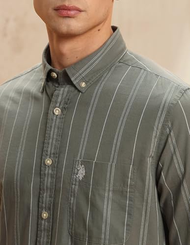U.S. Polo Assn. Denim Co. Men's Striped Slim Fit Button Down Shirt (UDSHT2005_Green