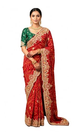 Red Bandhani Embroidery Saree