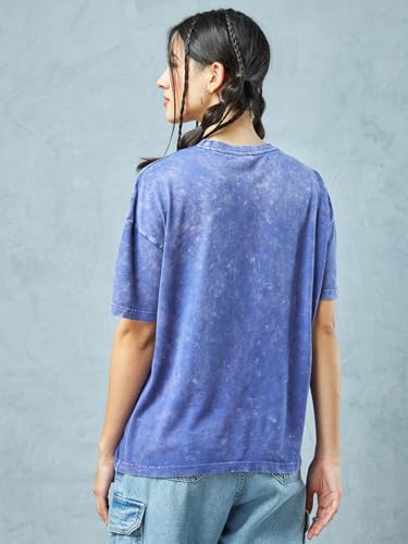 Bewakoof Official Harry Potter Merchandise Women's Graphic Printed Oversized Fit Half Sleeve Round Neck Cotton Jersey Acid Wash T-Shirt_659430_Blue_3XL