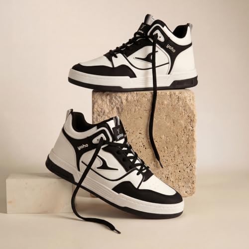 YOHO Men's Sneakers Flo Mid Top | Stylish & Comfortable | Lace Up Casual Shoes for Man/Gents | White - UK 8