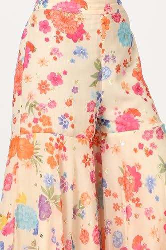 W for Woman Off-White Floral Printed Sleeveless Flared Chiffon Kurta and Sharara Set with Dupatta (Size: 2XL)-24AUWS12585-124166