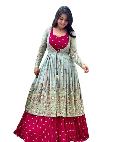 Fashion Basket Faux Georgette Silk Embroidered Stitched Lehenga From Women (BLUE)