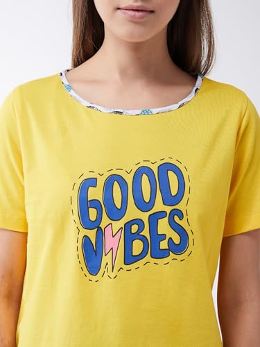 Miss Chase Women's Round Neck Short Sleeves Printed Regular Length T-Shirt (MCSS25TS99-03-29-04, Yellow, M)