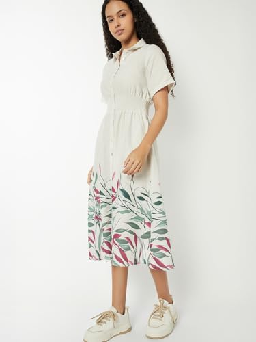 Max Women Printed A-line Dress (White_XL)