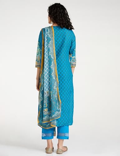 BIBA Cotton Women Printed Straight Salwar Kurta Dupatta(Skdassorted7483E_Turquoise_34)