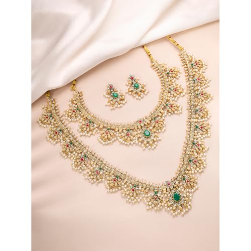 Peora Gold Plated Faux Emerald Faux Ruby & Beads Studded Choker & Long Necklace Earrings Set Ethnic Bridal Jewellery for Women