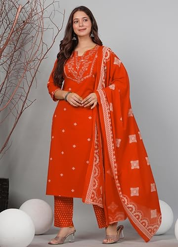 Amayra Women's Pure Cotton Embroidered Straight Kurta Set with Palazzo Pants & Dupatta- Ethnic Wear, Orange(TCK698,XXL)