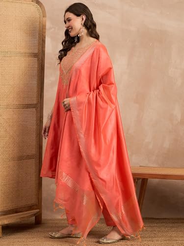 Rangavali Rust Embroidered Festive Anarkali Suit Set | Silk Chanderi Readymade Outfit Kurti, Pant & Dupatta for Women | Kurti Set for Ladies | 3 Pcs, L, 36